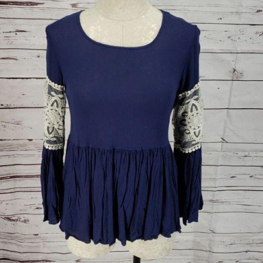 Basically Me Women's Navy Blue‎ Lace Sleeve Blouse